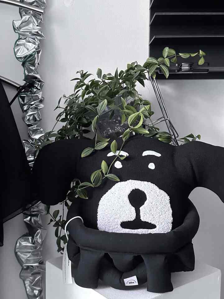 Black and white toned space featuring a dog-shaped cushion and green plant creating a cozy indoor atmosphere