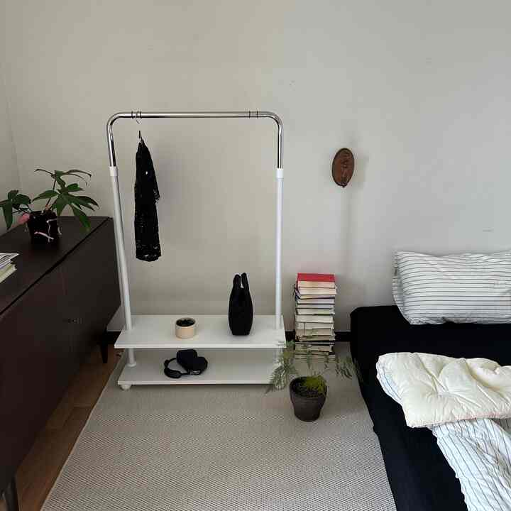 White and black toned living room featuring sideboard, rug, and plants in a simple modern style