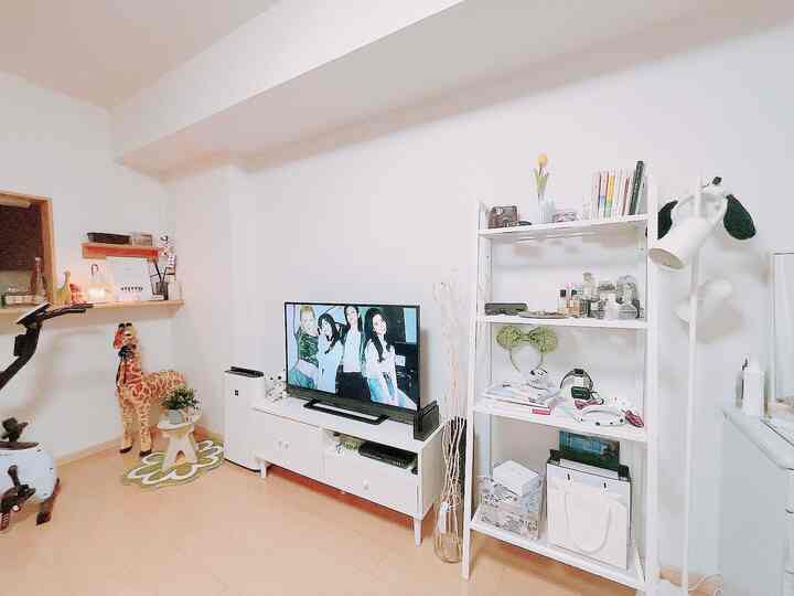 白と木目調が調和した印象的なリビング、テレビと棚が配置されたコンパクトで居心地の良い空間