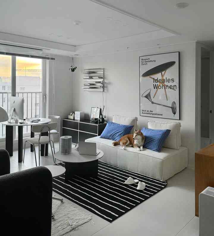 白と黒を基調としたワンルームのリビング、ソファに犬がくつろぎ、デスクやコーヒーテーブルが配置されたモダンで居心地の良い空間