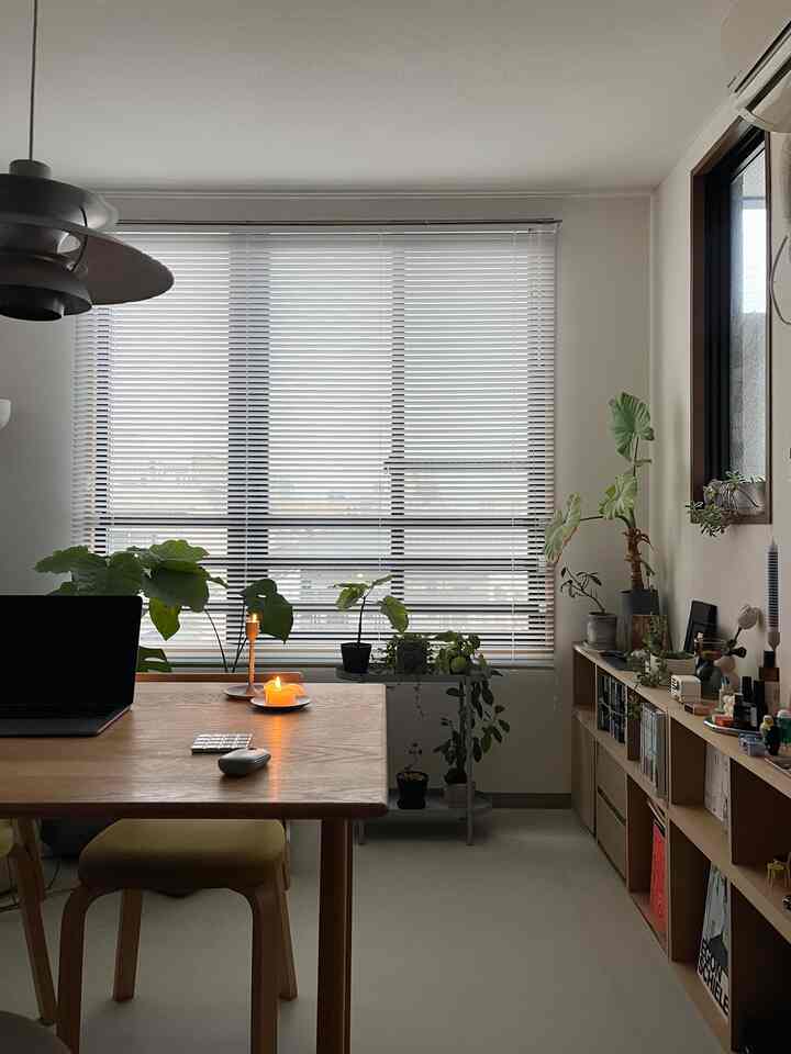 White and wood-toned single household home office featuring plants and candles by the window creating a cozy atmosphere