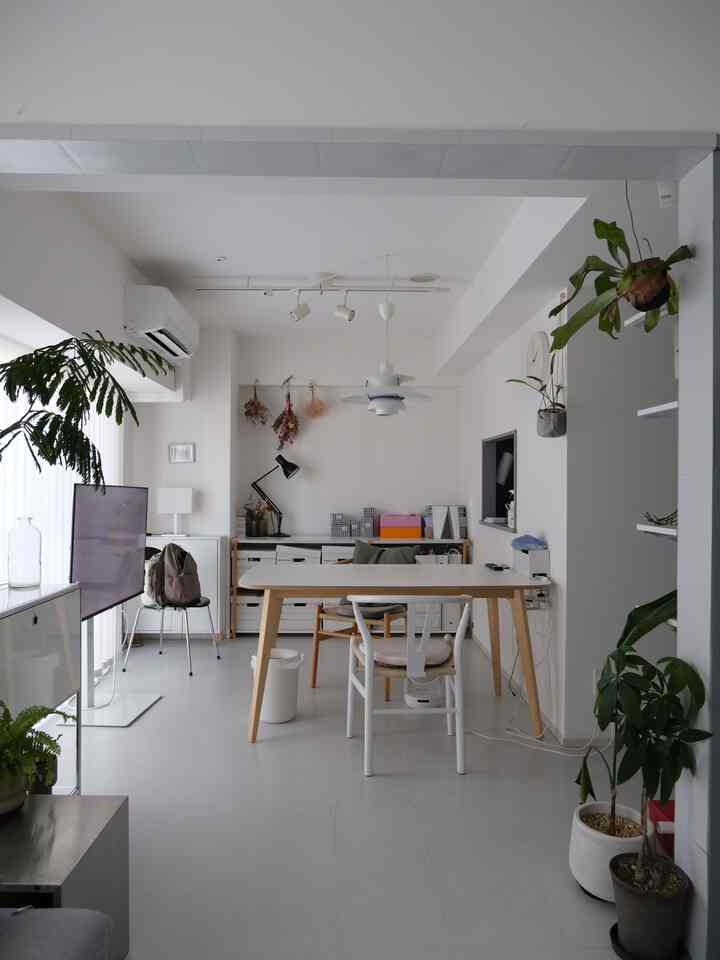 明るい白色調のリビング、ナチュラルな木製のテーブルと椅子、植物が配されたシンプルモダンなインテリア