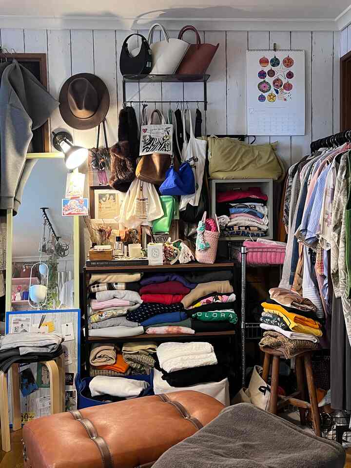 White-toned small closet space featuring shelves and hanging clothes neatly organized with sweaters and bags, creating a cozy atmosphere