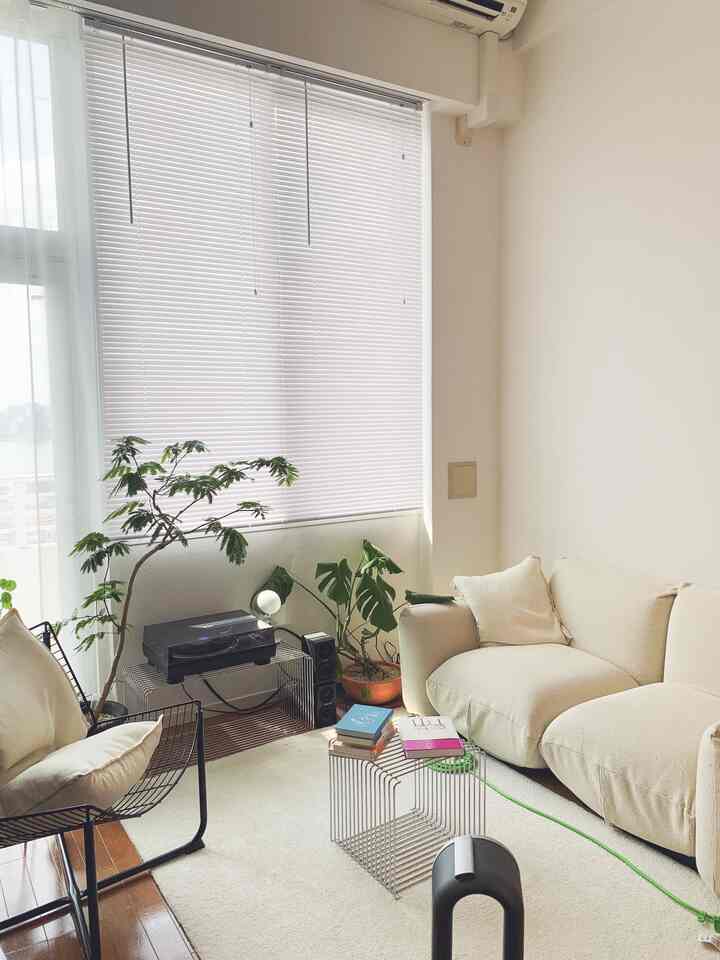 White and natural toned living room featuring low furniture, blinds, and plants creating a calm atmosphere