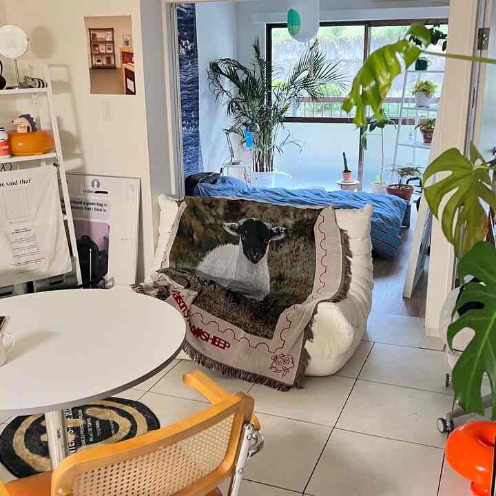White and natural toned studio living room featuring sofa with sheep-patterned throw, creating a cozy atmosphere