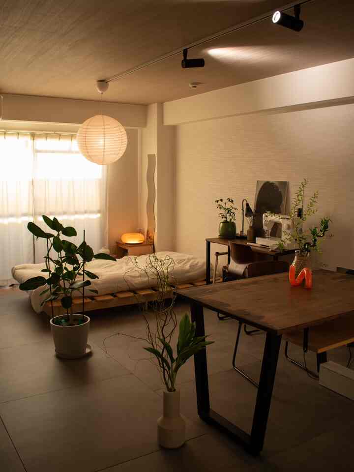 暖かいナチュラルトーンのワンルーム、木製のダイニングテーブルとベッド、緑の植物が配置された居心地の良い一人暮らし空間