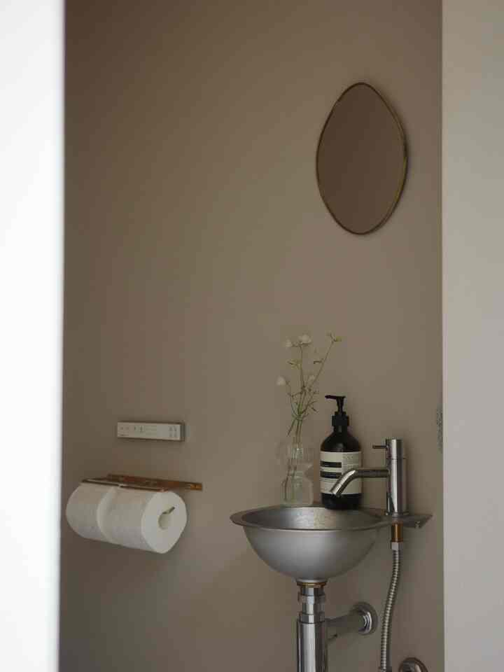 Beige-toned trendy restroom featuring a minimalistic sink with golden framed wall mirror and delicate flower vase creating a refined atmosphere