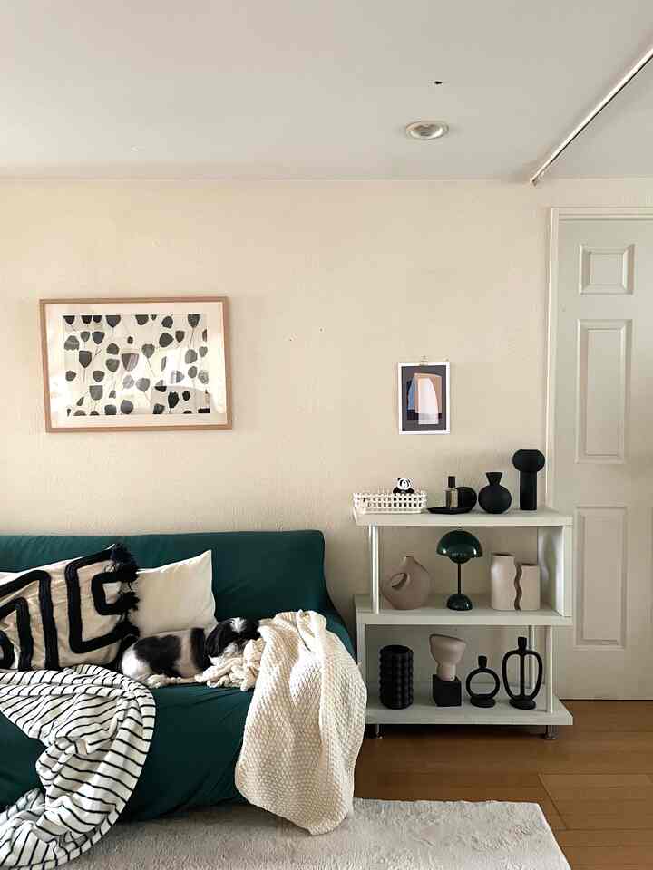 Beige walls and green sofa in a living room featuring a resting dog on the sofa with a cozy monotone Nordic interior