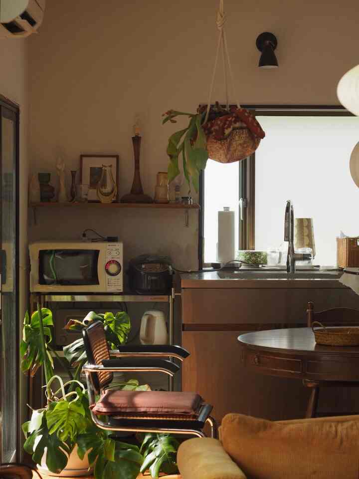 Warm brown and wood-toned kitchen and living space featuring a mid-century modern armchair and plants in a cozy interior