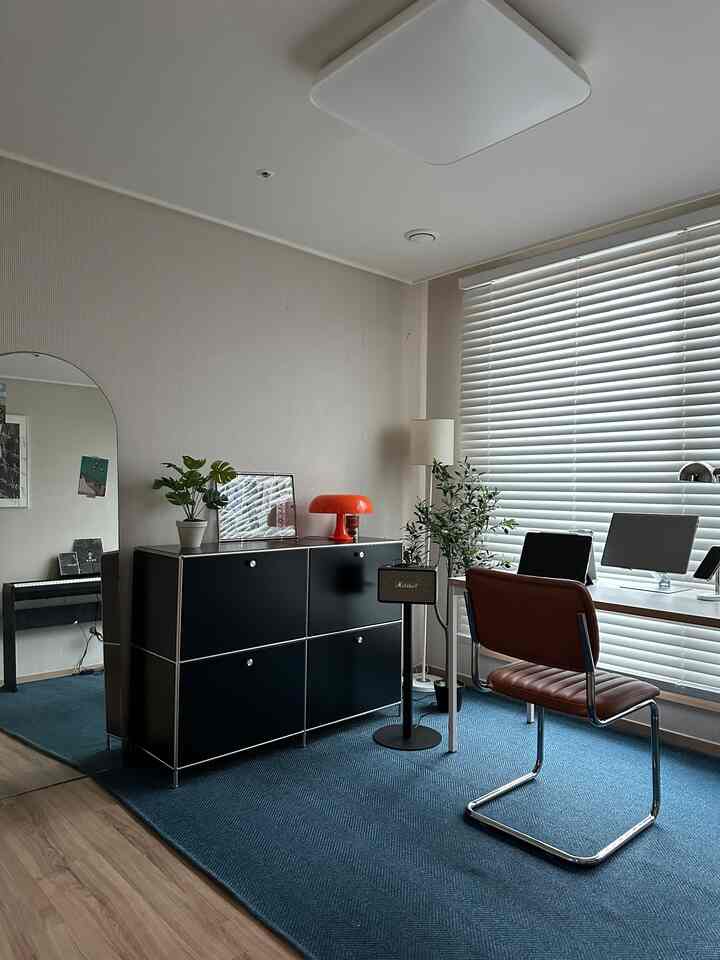 落ち着いたブルーのラグとブラックキャビネットが配されたコンパクトなモダンなホームオフィス空間