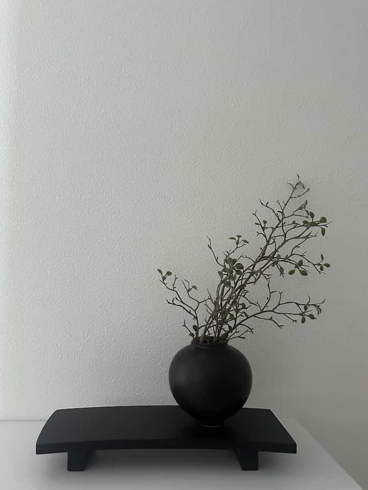 黒い月の壺と自然な枝が置かれたシンプルな黒いコンソールと白い壁の玄関のインテリア