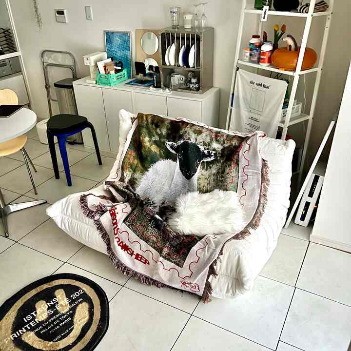 白と木目調が調和したキッチンとリビングスペース、羊の柄のブランケットが掛けられたソファが印象的なシンプルなインテリア