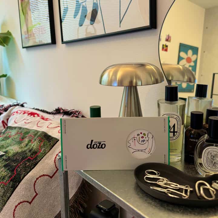 A modern living room with white walls and a silver metal shelf featuring a silver mushroom table lamp and a gift with cat illustration in a single household setting