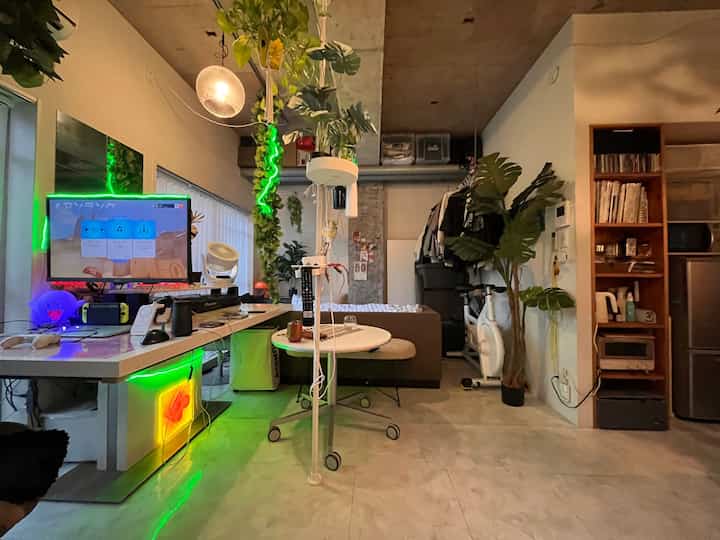 Natural green plants and modern industrial style studio apartment featuring pendant light and compact furniture for a cozy atmosphere