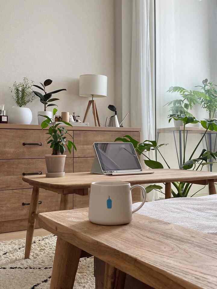 ナチュラルな木目調と植物が調和した明るく落ち着いたリビング、コーヒーマグとテーブルランプで温かみのあるおうちカフェ空間