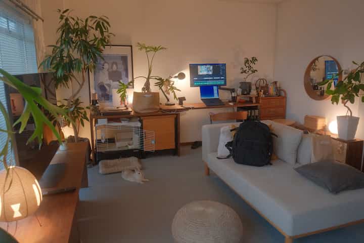 Natural-toned living room featuring a beige sofa, wooden desk, numerous plants, and warm lighting creating cozy atmosphere