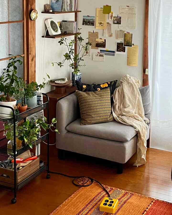 白い壁と茶色い木床の居心地の良いリビング、グレーのソファと複数の植物、オレンジのラグが温かみのある雰囲気を作る空間