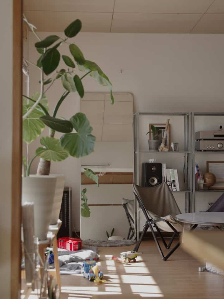 Bright studio living room with natural light, featuring a large potted plant, full-length mirror, metal shelving unit, and scattered kids' toys creating a cozy atmosphere