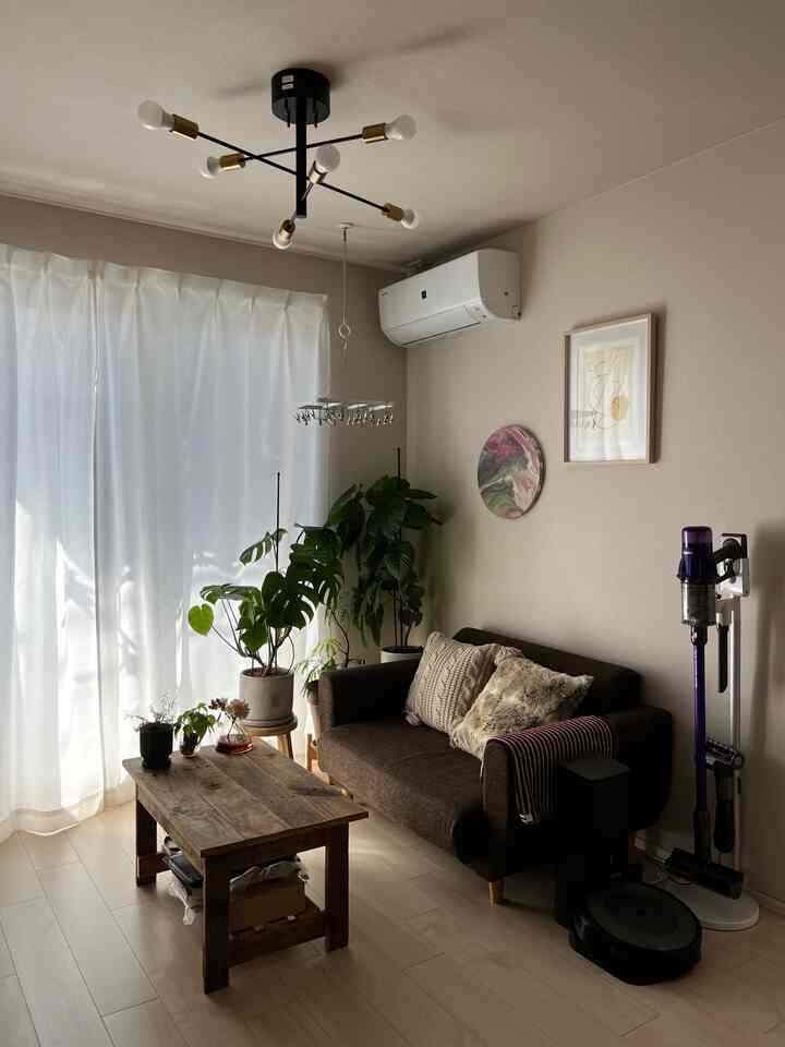 A cozy living room featuring natural brown sofa, wooden coffee table and plants, embodying a warm wood tone for a single household