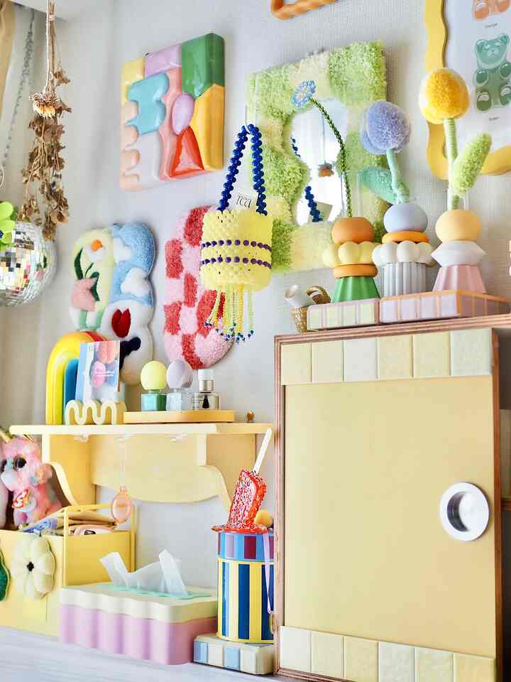 Yellow-toned dining room featuring cute wall art and clever storage ideas in a charming, colorful interior