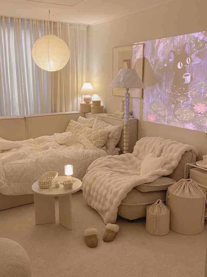 アイボリーとベージュ調のリビング、座椅子ソファとプロジェクターが配置された居心地の良い夜の雰囲気のあるインテリア