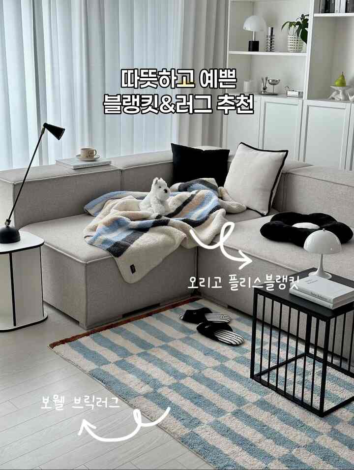 ナチュラルな色調のリビング、セクショナルソファに青と茶色のストライプ柄ブランケットとパターンラグが配置された暖かく洗練された空間