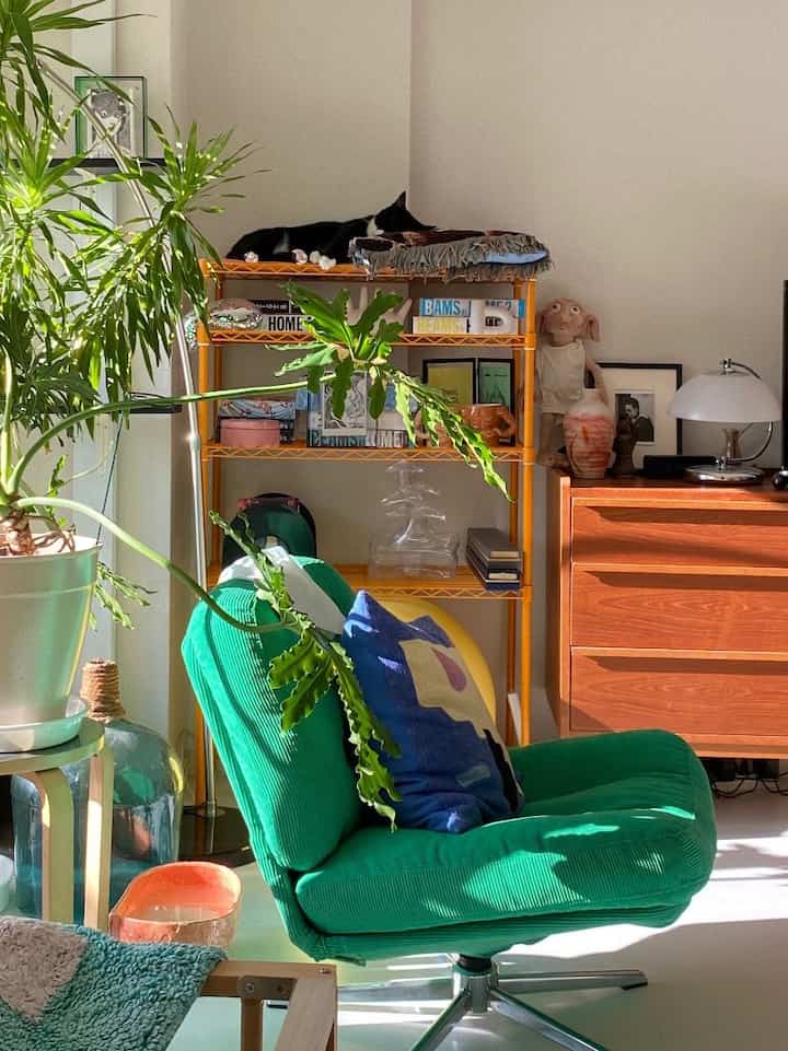 明るい日差しが差し込むリビングに、緑のアームチェアとオレンジ色の棚、さまざまな植物が配置された雰囲気のあるインテリア