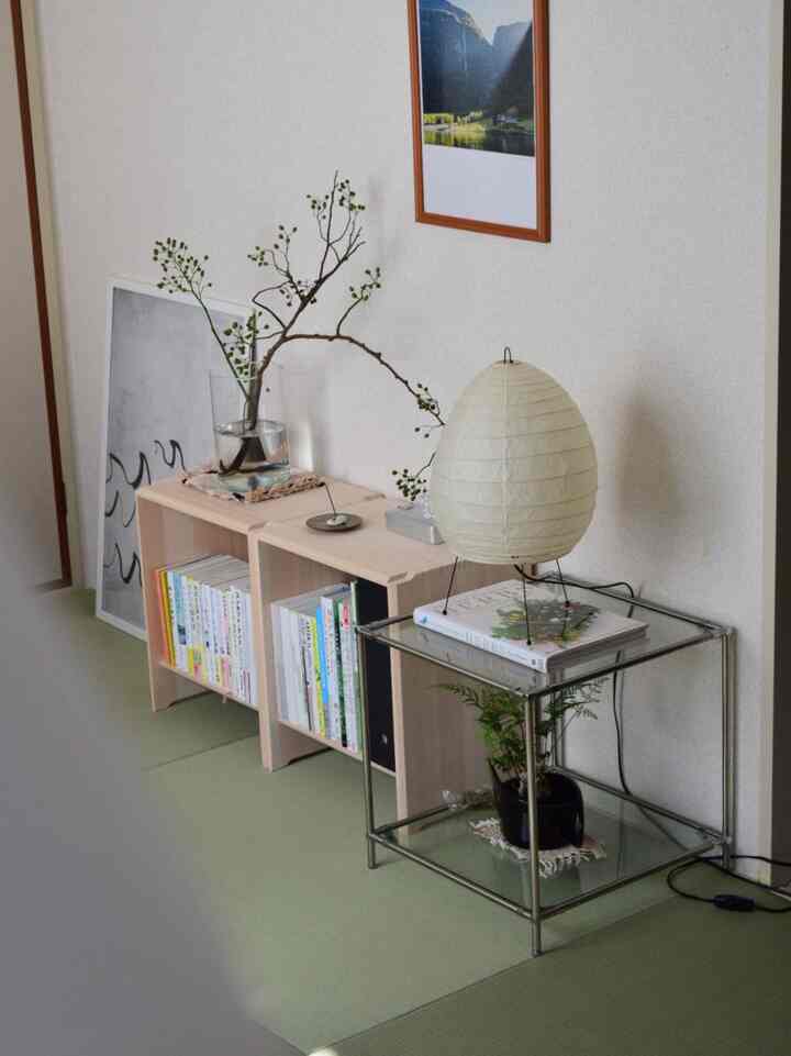 Natural-toned living room featuring bookshelf and side table with floor lamp, creating a cozy atmosphere