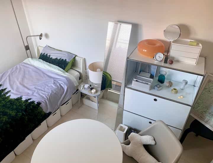 デザイン性が強いアイテムも馴染むように、面積の大きいアイテムは白・グレー・シルバーにまとめました🤍🩶
一色にせず近い色合いのものを選ぶことによって全体に奥行きを出せたと思います〜！
.

やっぱり遊び心をくすぐられるアイテムは愛おしい...！

.
#一人暮らし #一人暮らし部屋 #1R #ホワイトインテリア #ホワイト家具 #韓国インテリア  #モジュール #モジュールラック #インテリア小物 #ベッドインテリア #ベッド #間接照明 