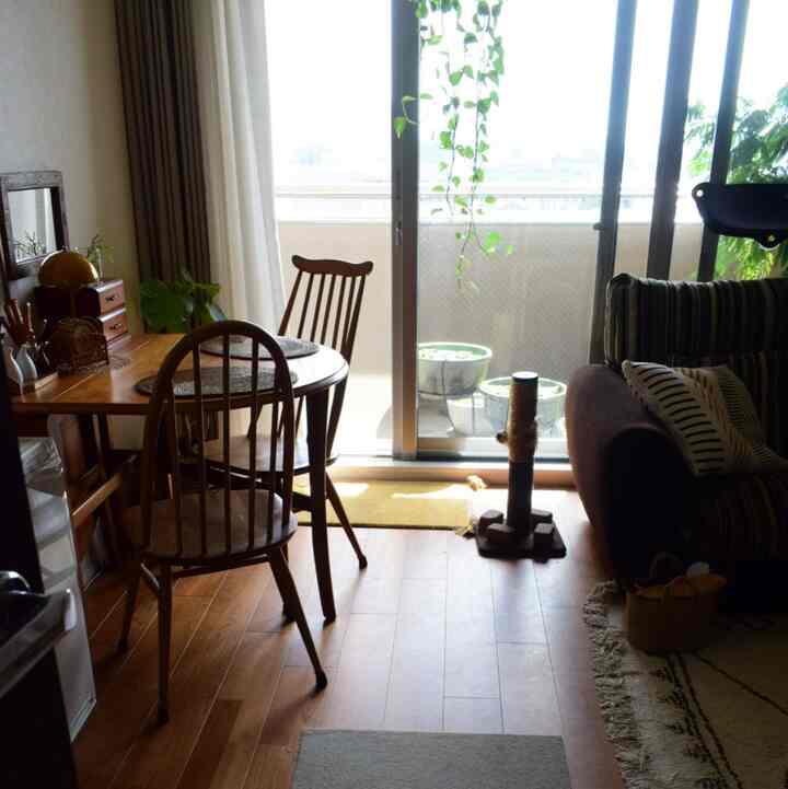温かみのあるウッドトーンとモダンなスタイルのリビング兼ダイニングルーム、中央に猫の爪とぎが置かれた印象的な空間
