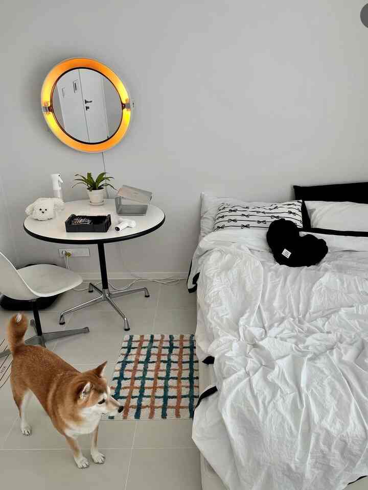 白と黒のトーンの寝室、丸型の照明付き鏡とシンプルな家具、ペットの犬がいるモダンで落ち着いた空間