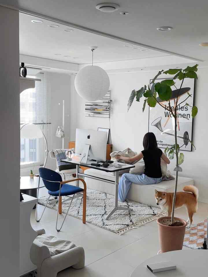 ナチュラルトーンのリビングルーム、白いソファとデスク、緑の植物、ペットの犬が配置された雰囲気のある空間