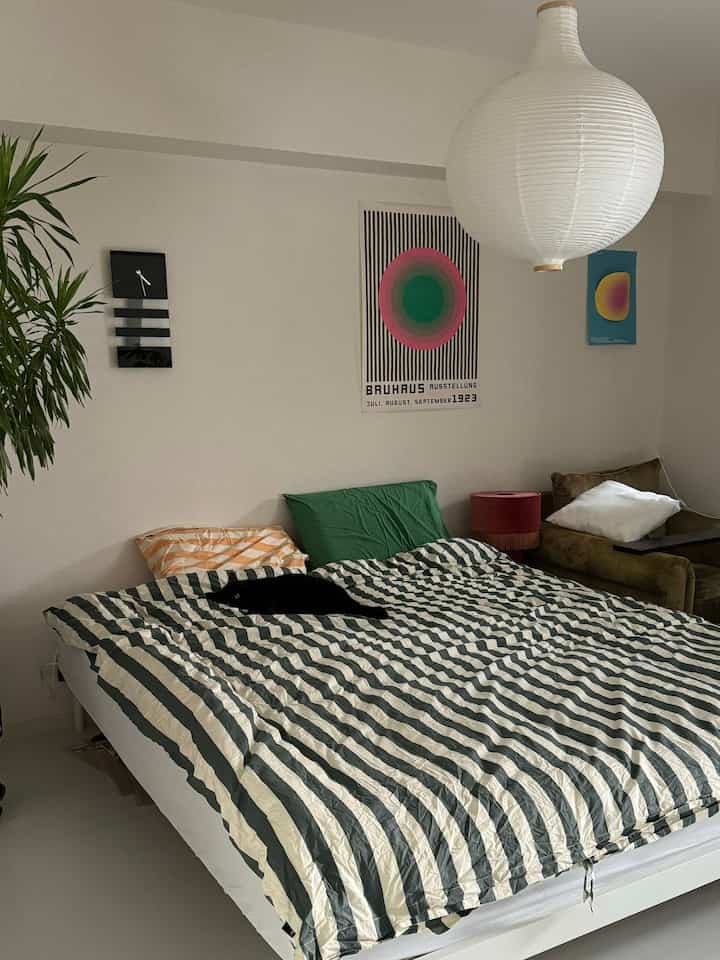 白と緑のトーンの寝室、中央に白いIKEAのベッドフレームとストライプのベッドカバー、黒い猫が横たわる印象的な空間