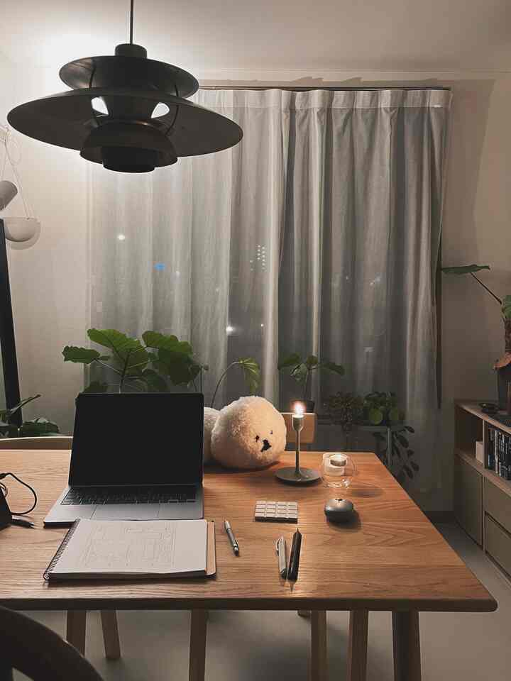 Warm wood-toned single household home office space featuring a laptop, candle, and plants with a cozy atmosphere