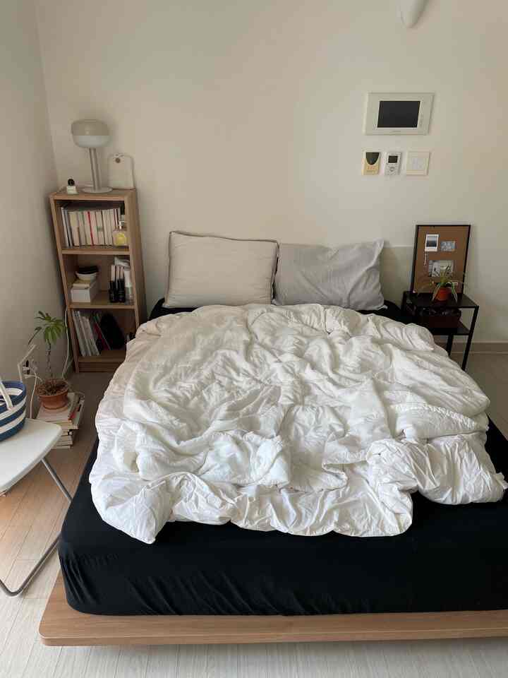 ナチュラルなホワイトトーンのワンルーム寝室、クイーンサイズの低いベッドと本棚が配置された落ち着いたインテリア