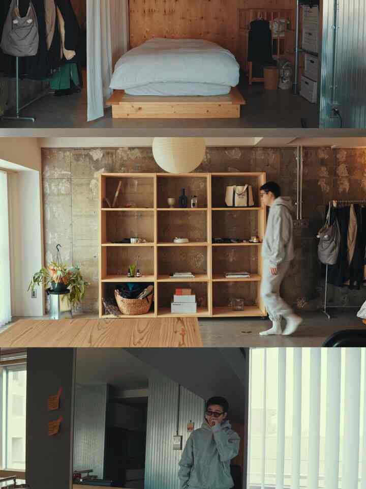 Natural toned, industrial-style small bedroom featuring a wooden bookshelf and smart storage ideas with a clean layout