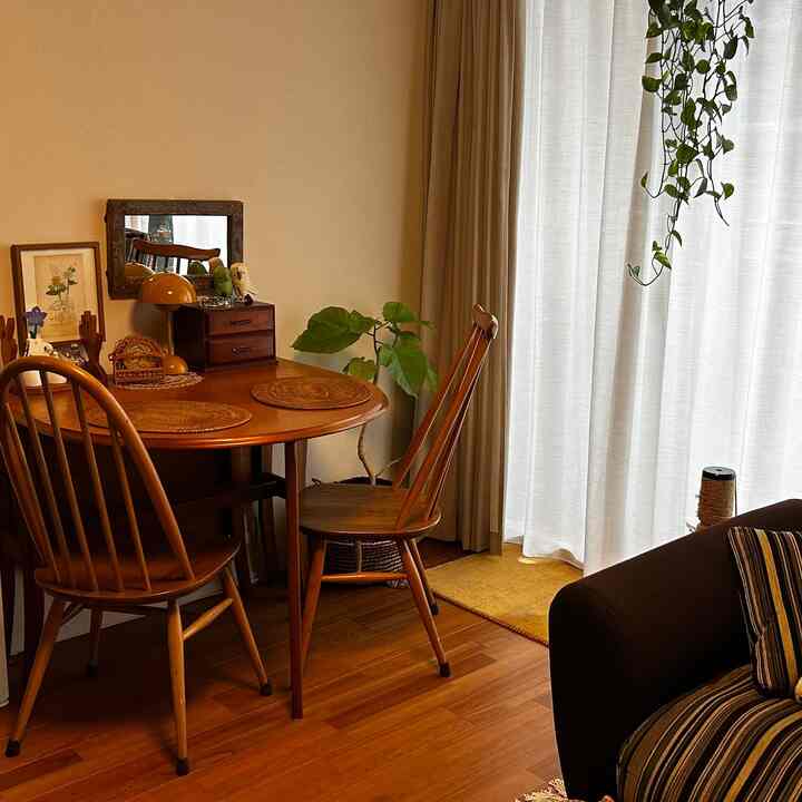 Warm wood tone living and dining space with ivory curtains, cozy atmosphere accented by vintage lamp and green plants