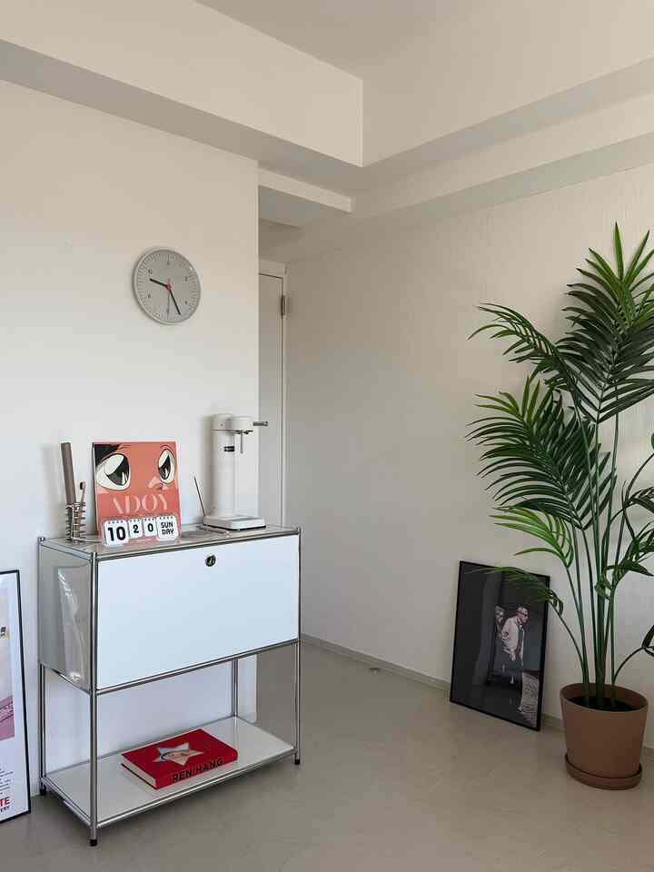 Natural-toned small space with white modular cabinet, wall clock, and potted plant creating a simple interior