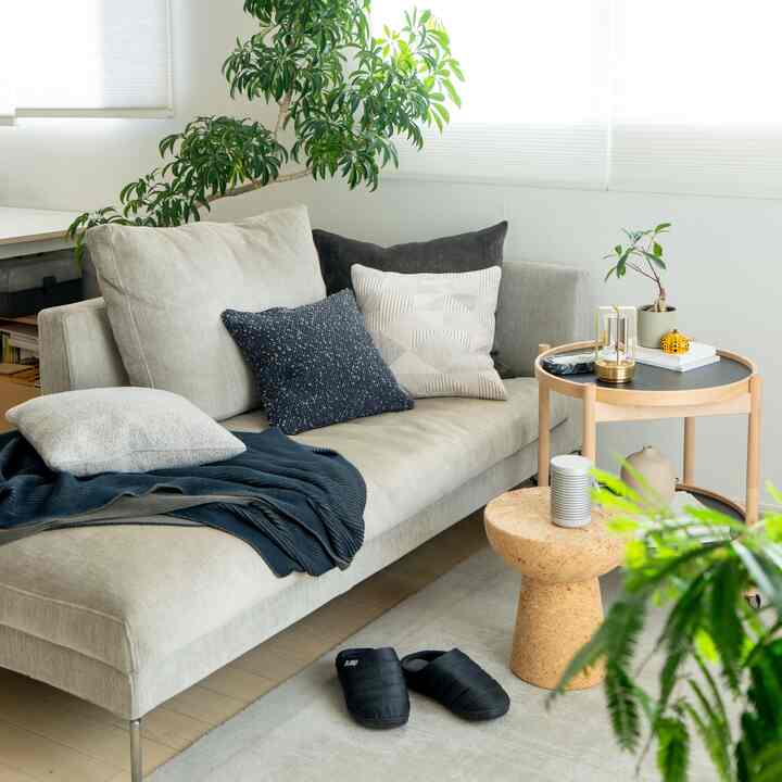Light gray and navy toned living room featuring a sofa, side tables, and plants creating a cozy atmosphere