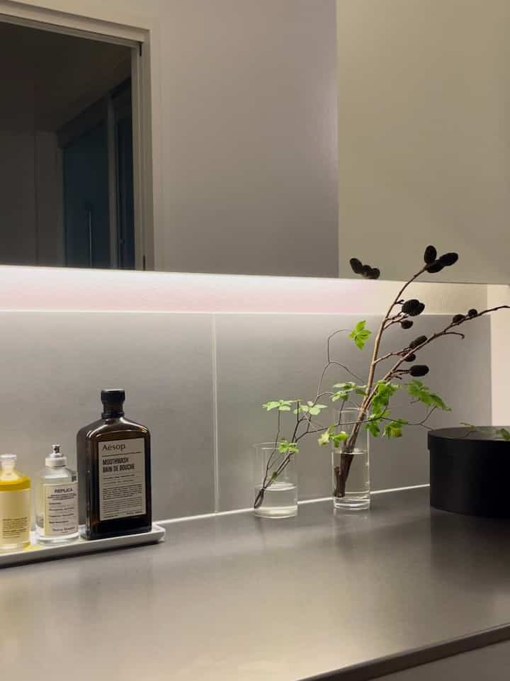 グレーとホワイトのトーンが特徴のシンプルなバスルーム、ステンレスの洗面台と植物が配置された雰囲気あるインテリア