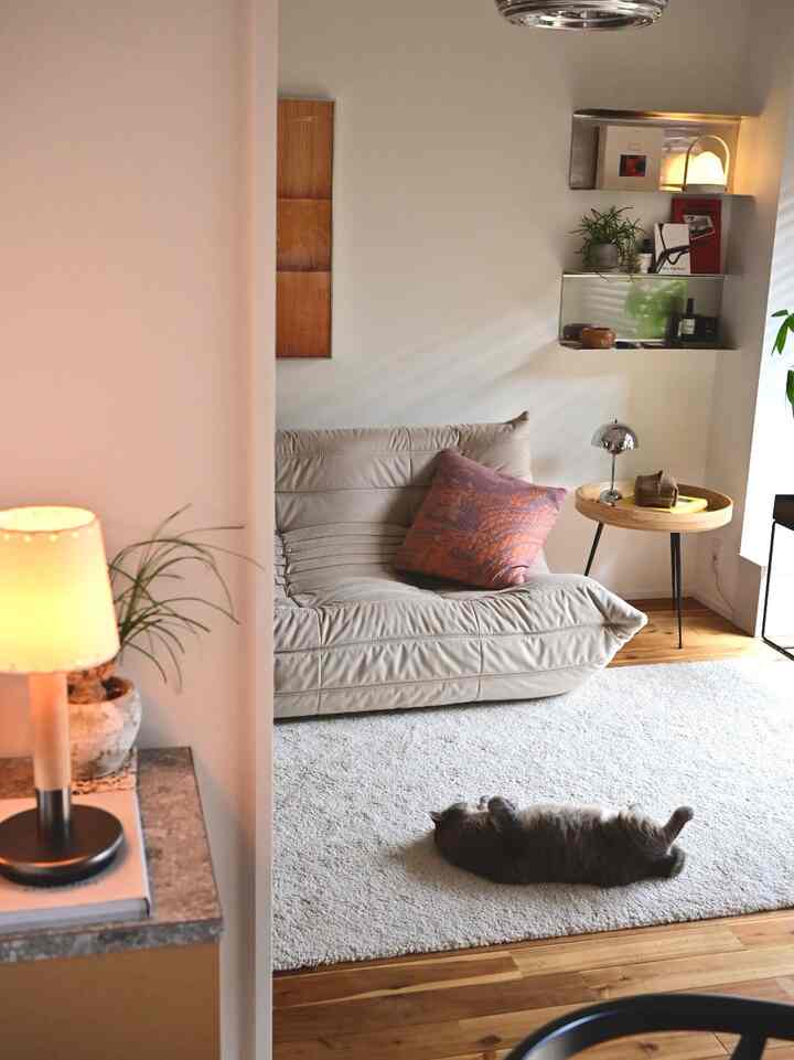 ベージュのソファとウッドトーンの床、白いラグが配置されたナチュラルなリビング、窓際のテーブルランプとくつろぐペットの猫が見える雰囲気のあるインテリア