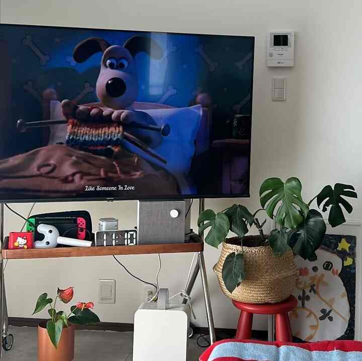 白い壁と植物が配置されたリビング、テレビ台の上に任天堂スイッチと赤いスツールがある雰囲気の良い空間