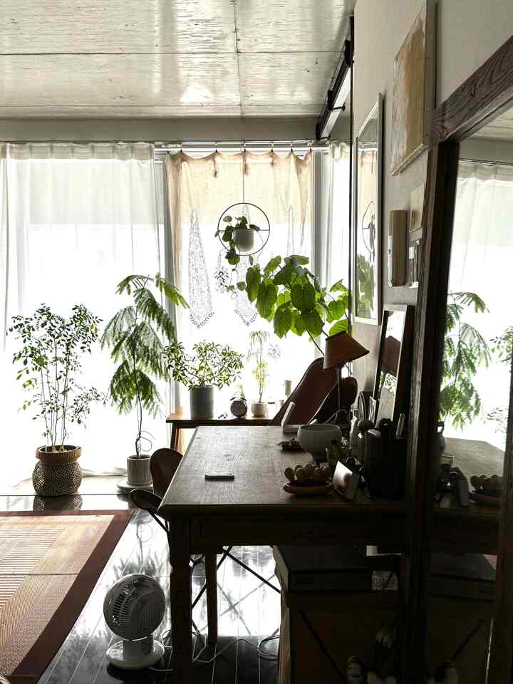 ナチュラルな色調の1LDKリビング、大きな観葉植物とカーテン、木製デスクが配置された雰囲気のある空間