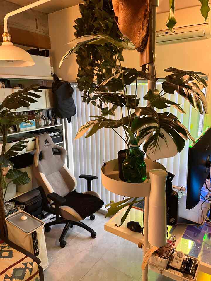 白と緑のトーンのホームオフィス、ゲーミングチェアと大きな観葉植物が配置された雰囲気のある作業空間
