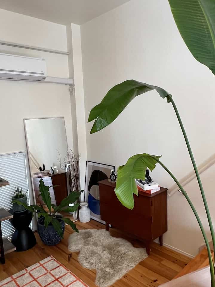 ナチュラルな色調のリビング、植物と中型キャビネット、大きな全身鏡が配置された雰囲気のある空間