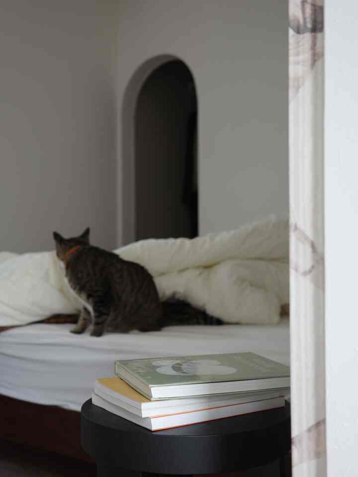 明るいホワイトトーンの寝室、ベッドの上に猫が座り、黒いスツールの上に本が積まれた落ち着いた空間
