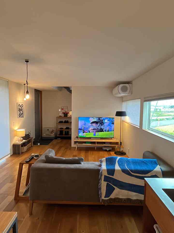 Natural wood tone floor living room featuring a sofa and TV in a simple single household space