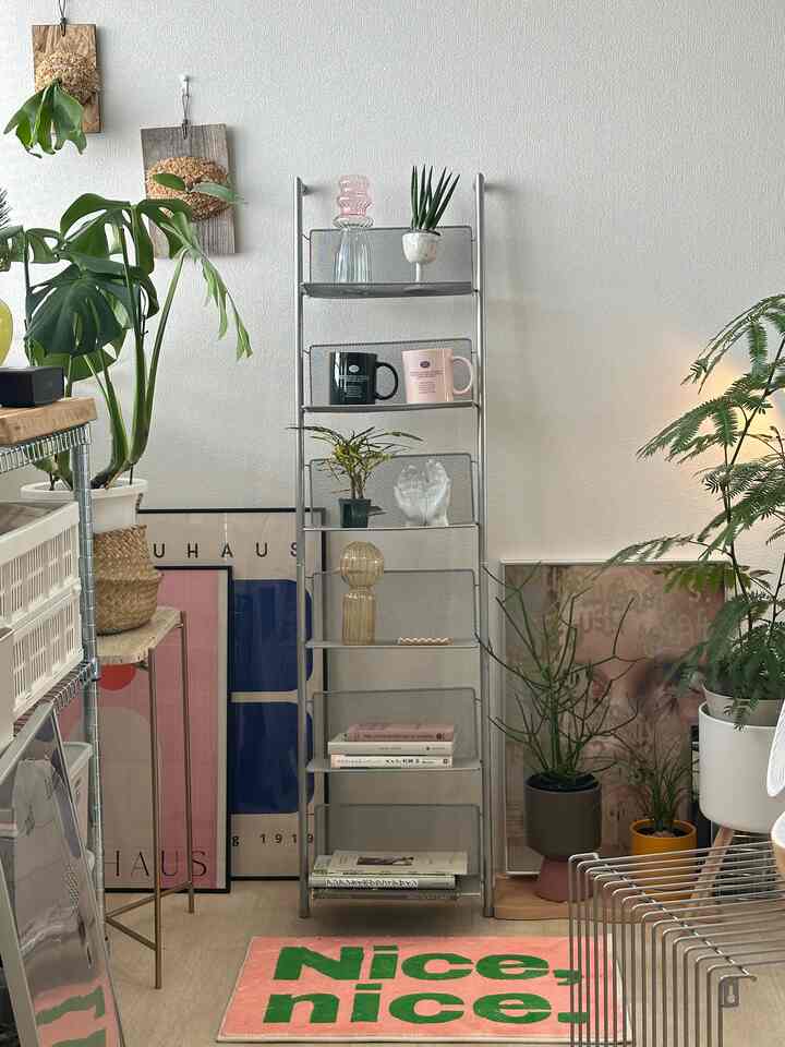 A beige-toned small simple space featuring a metal rack with plants and posters, creating a natural and Instagrammable interior