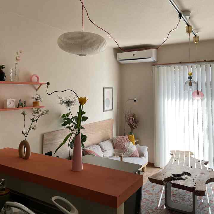 柔らかなベージュトーンのリビング、DIYのピンクの壁棚と自然な木の一枚板テーブルが調和した雰囲気のあるインテリア