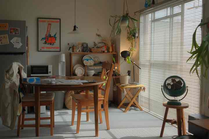 Cozy dining room with warm wood tones and natural colors, featuring blinds and plants by a softly lit window